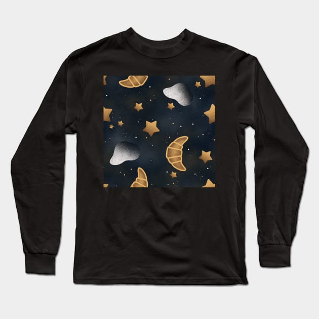 Cozy Croissant Moon Midnight Snack Pattern With Milk & Cookies Long Sleeve T-Shirt by panco